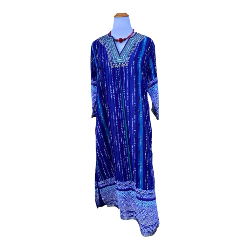 Soft Surroundings Chffon Blue and White Beaded Tunic Kaftan Midi Dress